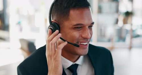 Businessman, call center and face consulting with headphones in telemarketing