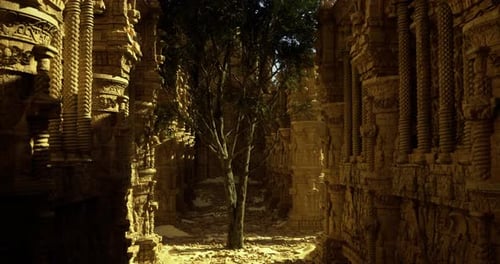 Ancient Ruins Surrounded By Majestic Trees in a Golden Light Setting