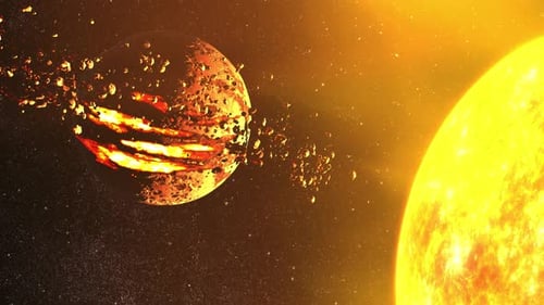 Dying Alien Planet with asteroid belt orbits near sun,