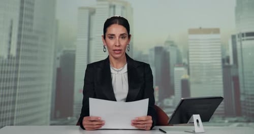 Face, news anchor and woman with tablet, notes and speaking with information