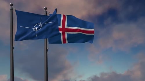 NATO and Iceland Flags Waving in Realistic Sky