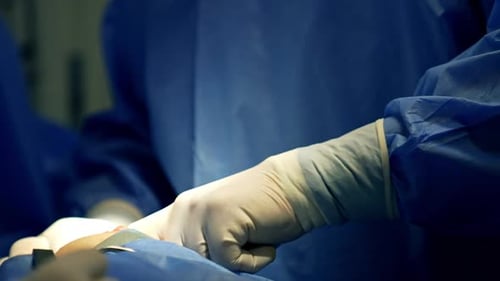 Surgeon’s hands in latex gloves deep into the operated area of a patient.