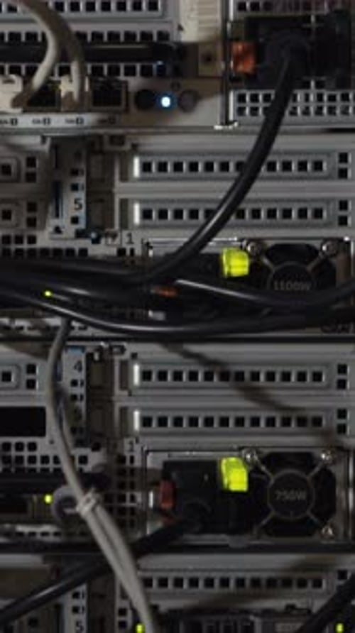 Vertical Tracking Shot of Data Center Server Rack with Blinking Lights