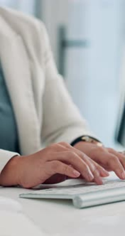 Computer, keyboard and hands of businesswoman typing in office for research on finance report