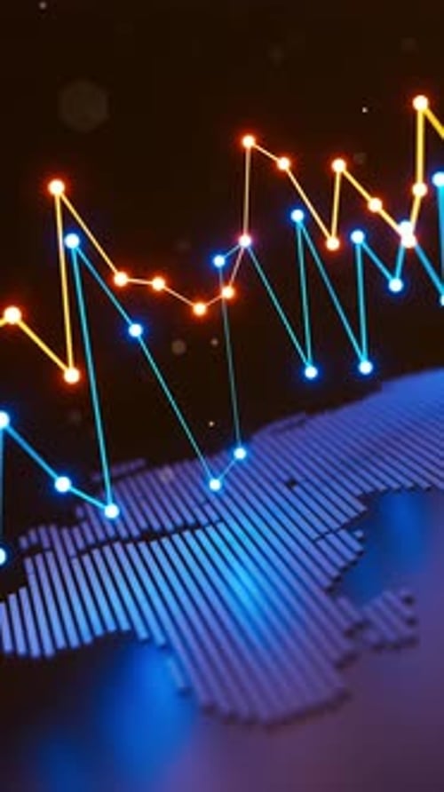 Looping 3D global graphs on world map showing trends and volatility