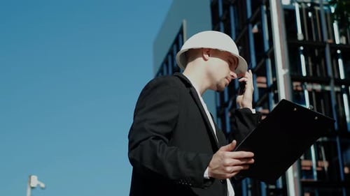 Engineer Talking on Phone Holding Clipboard