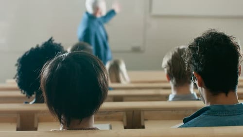 Vista posterior de los estudiantes en el aula escuchando a un profesor destacado leyendo una conferencia. Bergantín
