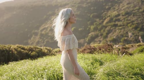 Beautiful Woman Walks Through Golden Field in Flowy Dress Freedom Nature SelfCare