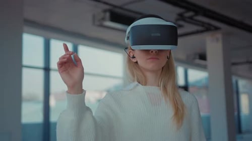 Close Up Woman Using Making Gestures Swipe When Wearing Virtual Reality Goggles Empty Building