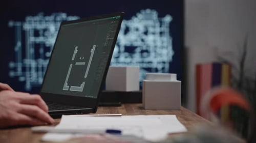 The Video Shows Male Hands Working with a Laptop An Architect is Drawing a Room Project Using CAD