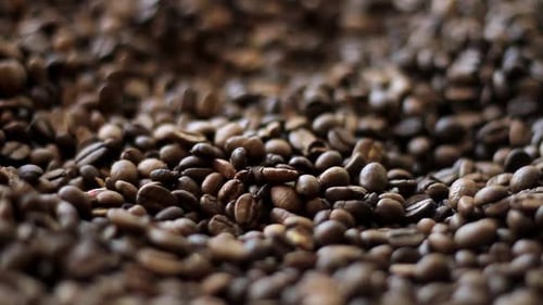 Falling Roasted Coffee Beans Pile Up Close