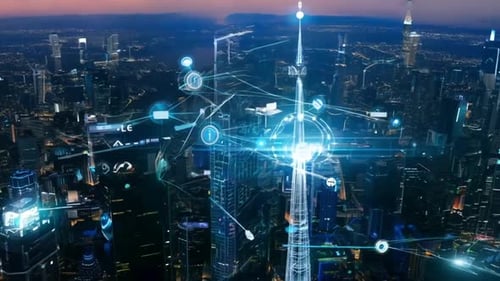 Smart Connected City Skyline Futuristic Network Concept, City Technology