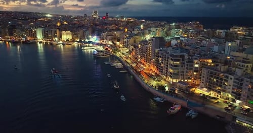 Aerial View of Sliema at Night Buildings and Apartments in the Night Lights Malta