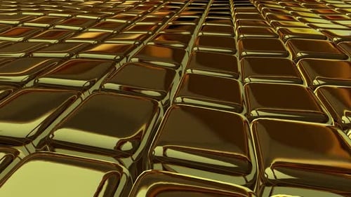 Fond de luxe avec un champ flottant de cubes d'or, figures, réflexion, rendu 3D, exclusif