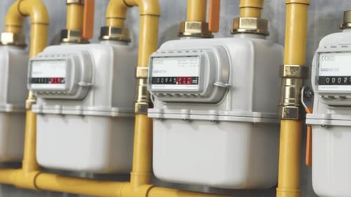 Natural gas meters in a row. Household energy consumption. 3d video animation