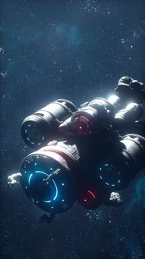 Futuristic Spaceship Flies Through Space with Asteroids