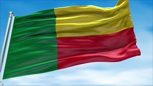 Realistic Benin National Flag Waving Against Blue Sky