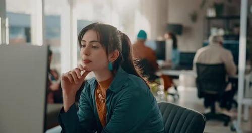 Thinking, computer and research with business woman in office for web designer, planning and idea