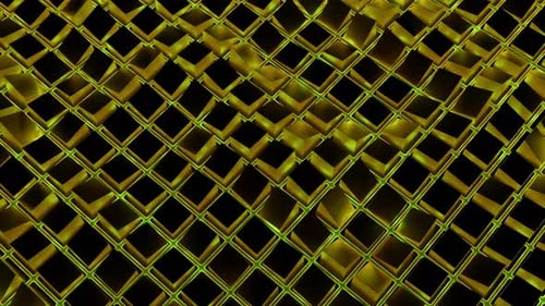Square mesh with waves and glitter. Action. Grid of squares moves in waves on black background.