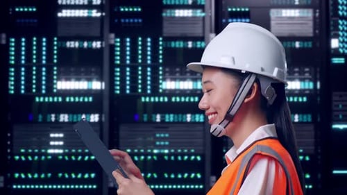Asian Female Use Tablet While Walking in Data Center