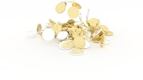 Golden and Silver Coins Falling and Accumulating on White Background