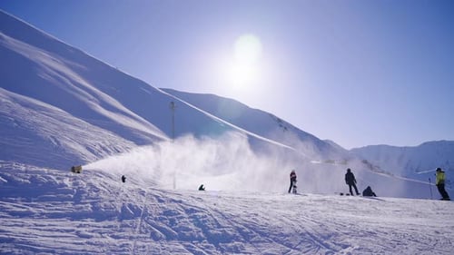 Snow Cannon at Ski Resort in Winter Snow Machine Produced Artificial Snow in Mountains on Slope at