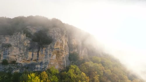 Rock in the morning mist above a forest