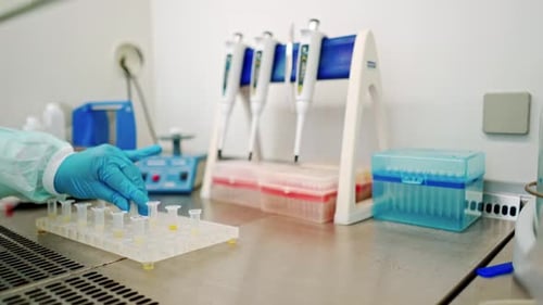 Lab Work: Scientist Handling Vials in Sterile Environment