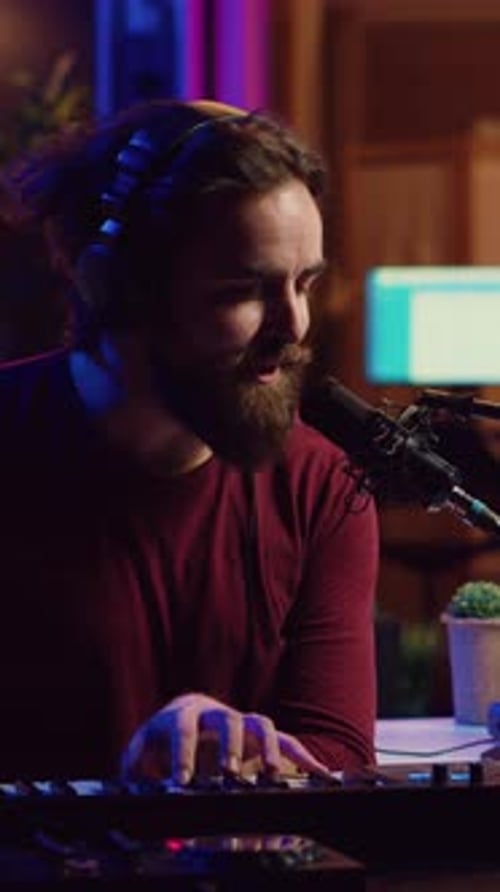 Young Man Plays Keyboard With Microphone and Headphones