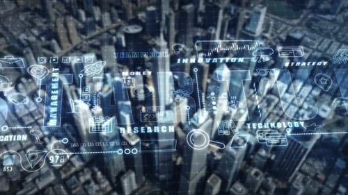 Startup Theme Infographics Against the Backdrop of City Skyscrapers