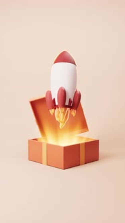 Rote Geschenkbox im Cartoon-Stil und Rakete zum Öffnen