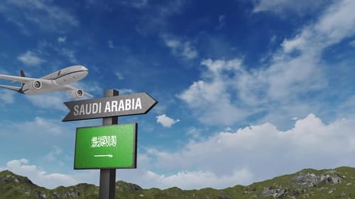 Saudi Arabia Flag With Airplane And Arrow Sign