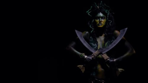 Mysterious Medusa Warrior with Swords in Dark