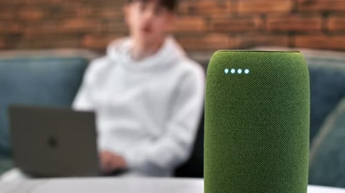 Smart Home Speaker with Person on Laptop