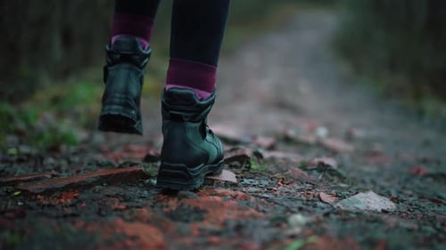 Closeup of Person Feet in Shoes Walking Along Damp Wet Dirty Ground on Path in Forest Travel and