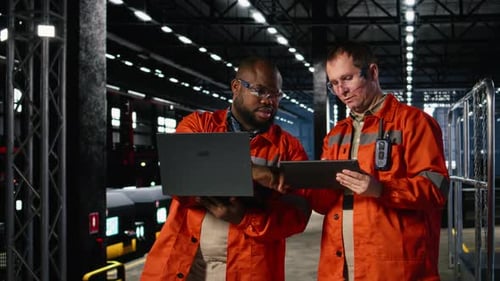 Industrial Staff Oversees Plant Operation with Gadgets Surrounded By Tools
