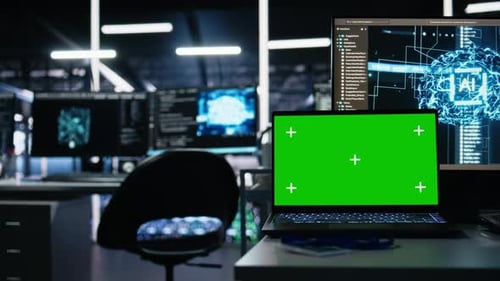 Close Up of Isolated Screen Laptop in Data Center Used for AI Development