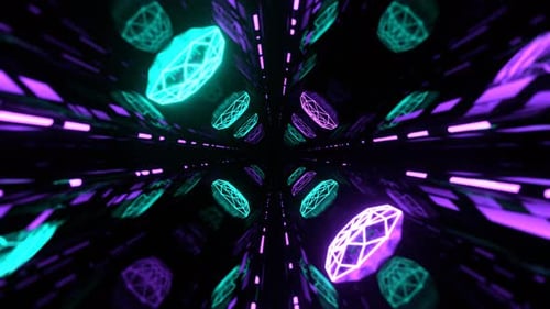 Türkisfarbener und violetter Cybertunnel mit neonblinkenden Grids als Hintergrund, VJ Loop in 4K