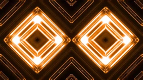Dynamic glowing orange diamond shapes pulse in abstract digital tunnel