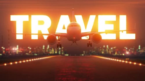 the plane is landing at the airport on the background of the inscription "travel"