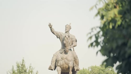 Static shot of the historic Amir Timur Statue in downtown Tashekent Uzbekistan, copy space