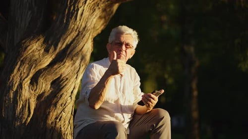 Senior Man with Smartphone Enjoying Sunset in Park Elderly Man with Glasses Sitting By a Tree Using