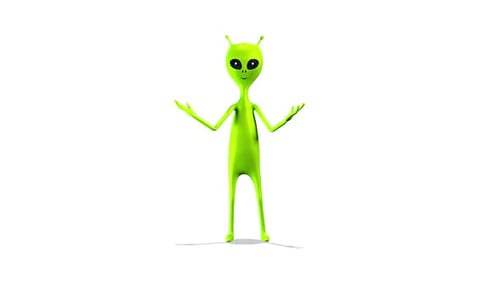 3D Green Alien Shrugs and Waves Arms Animation