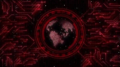 Animated Futuristic Red Digital World Map Circuit Board Background