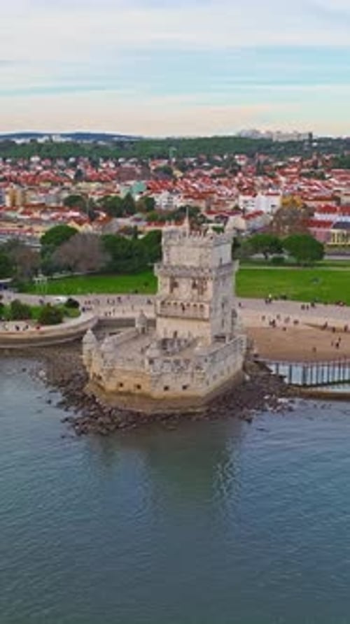 Aerial View of Belem Tower in Lisbon Medieval Building Touristic Landmark Lisbon Portugal