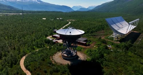 Aerial view in front of the parabolic antenna dish at the EISCAT station, in Norway