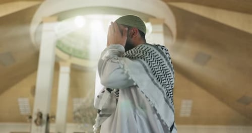 Dua, Islamic and man with open hands in mosque for spirituality, religious worship and praying