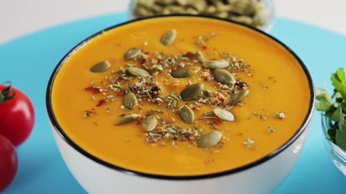 Delicious creamy pumpkin soup with pumpkin seeds, cream and greens.