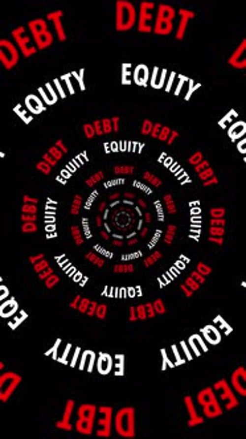 Vertical Infinite tunnel of Equity and Debt words looping on a black background