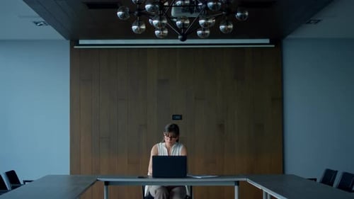 Brunette Businesswoman Working Laptop Computer in Empty Conference Room Alone